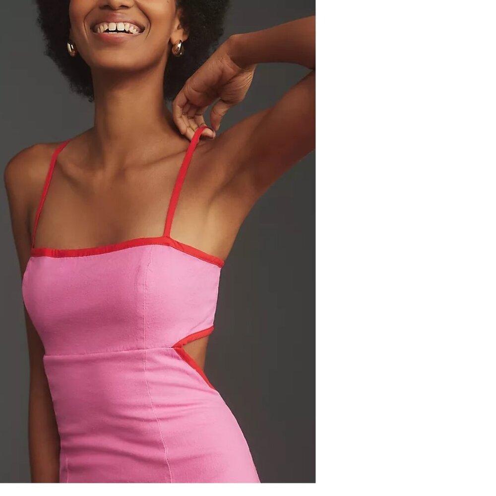 Anthropologie The Dafni Cutout Linen Midi Dress by Maeve size MP PM  pink new - Picture 2 of 4